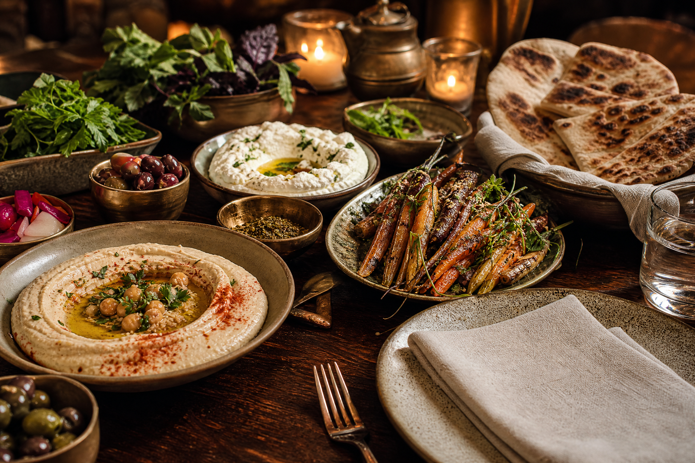 Mediterranean mezze arranged on a warm wooden table